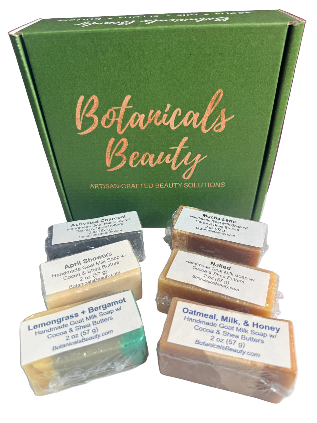 Botanicals Beauty Travel-Sized Soap Box - Bestsellers (Activated Charcoal, April Showers, Lemongrass + Bergamot, Mocha Latte, Naked, Oatmeal, Milk & Honey)