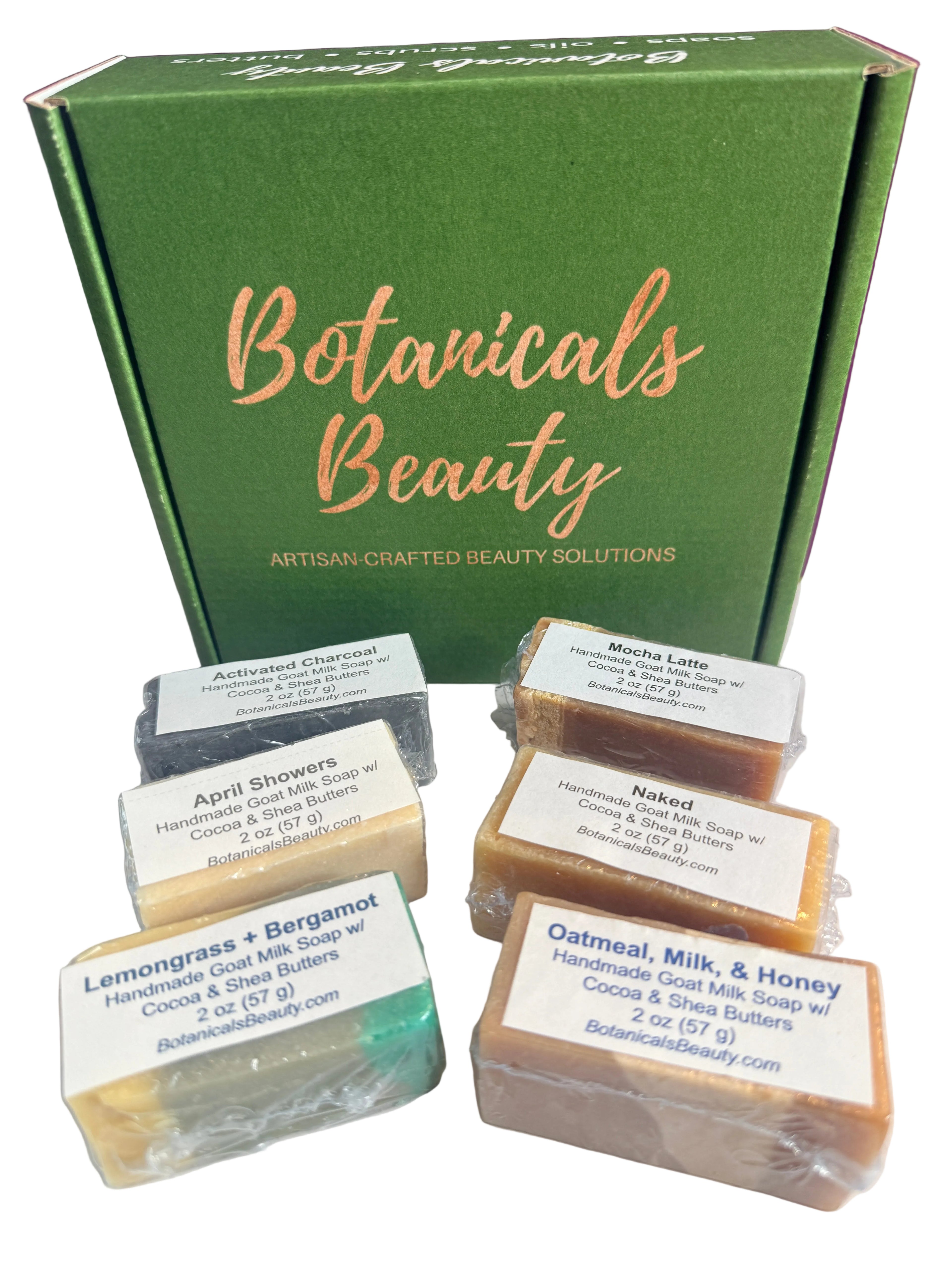 Botanicals Beauty Travel-Sized Soap Box - Bestsellers (Activated Charcoal, April Showers, Lemongrass + Bergamot, Mocha Latte, Naked, Oatmeal, Milk & Honey)